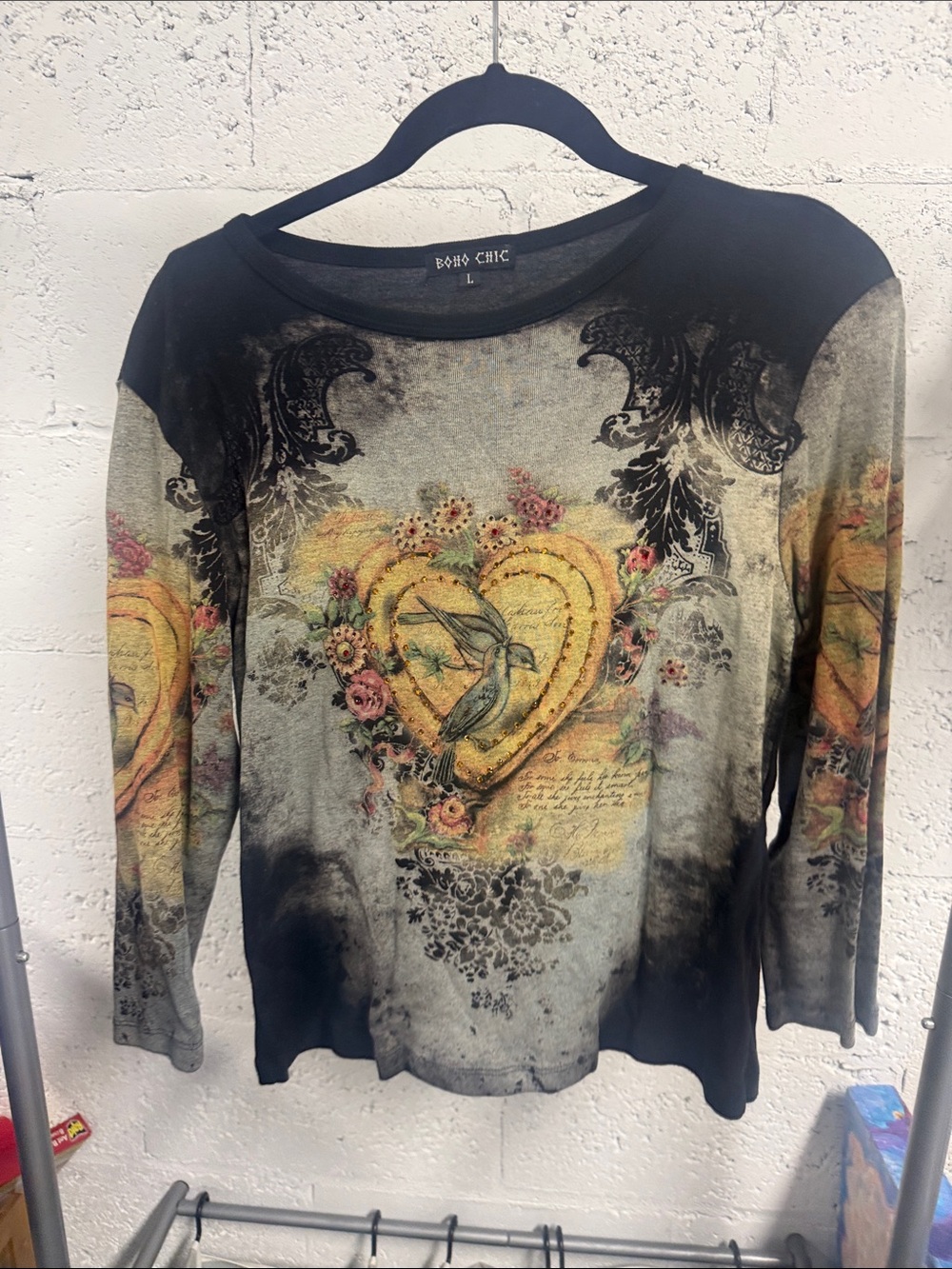 Black Long Sleeve Rhinestone Heart BOHO CHIC Bird Print Size Large Vintage Top